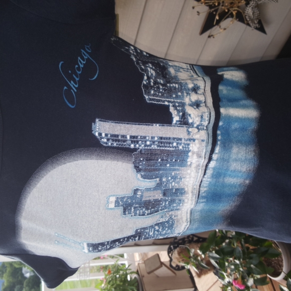 ON TREND ♡ Super-Sweet Vintage Navy Shimmering Chicago Water Front Scene Shirt M - Picture 3 of 10